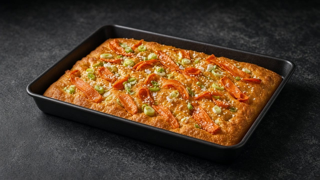 Orange-tinted focaccia topped with curled carrot ribbons, spring onions and sesame seeds.
