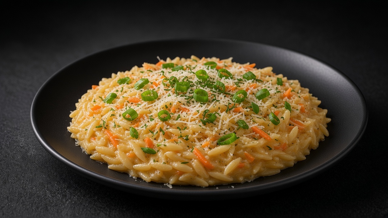 Golden carrot orzo flecked with Parmesan and spring onion, mounded on a matte dark plate.