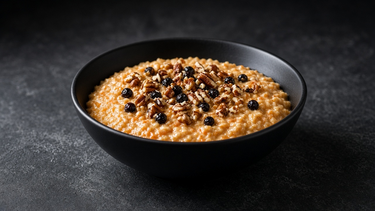A bowl of orange-hued steel-cut oatmeal topped with chopped toasted pecans and flecks of currant.