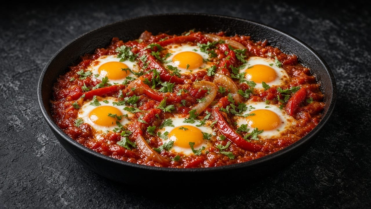 A deep pan of red tomato sauce with six runny-yolked eggs nestled within.
