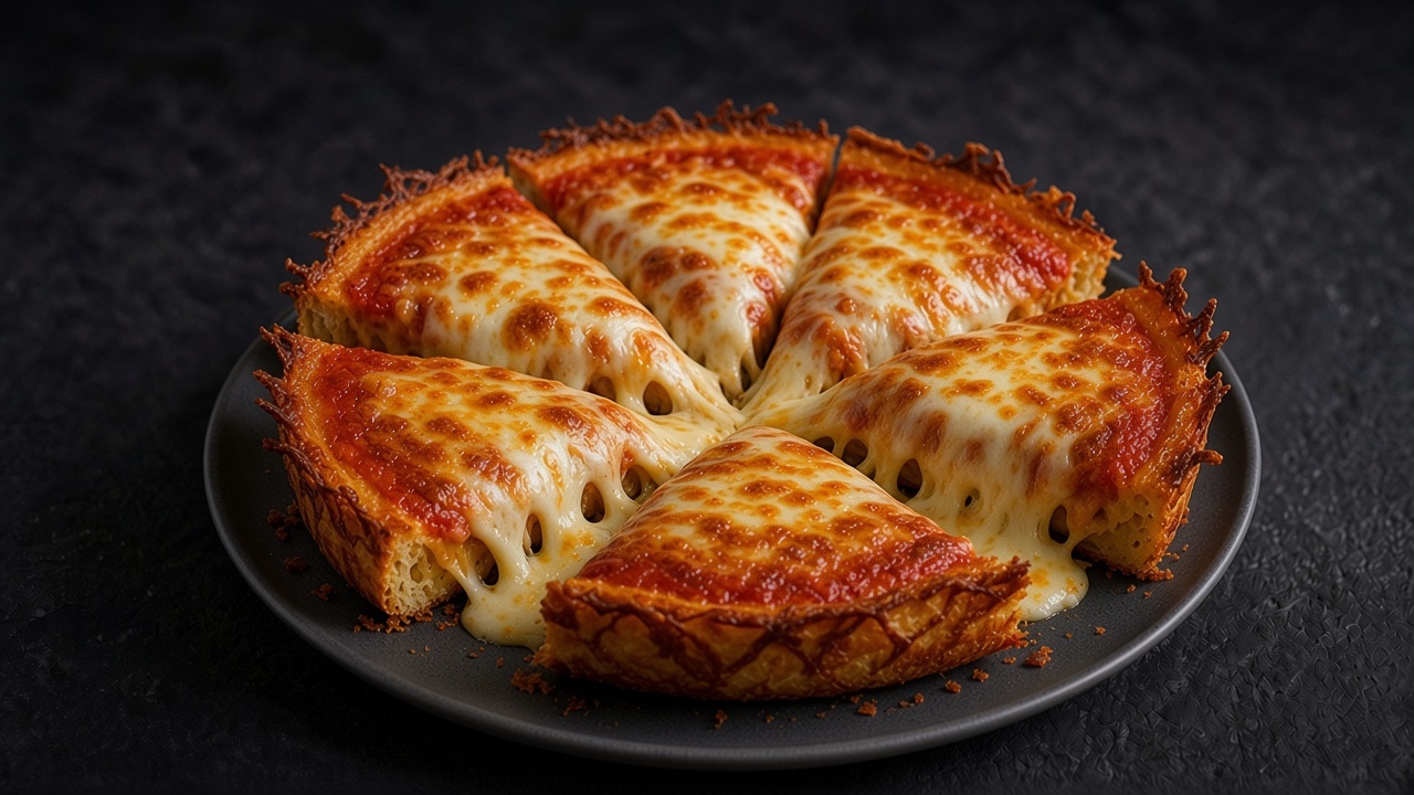 A sliced cast-iron pan pizza with a deep golden, cheese-rimmed crust on a matte dark plate.