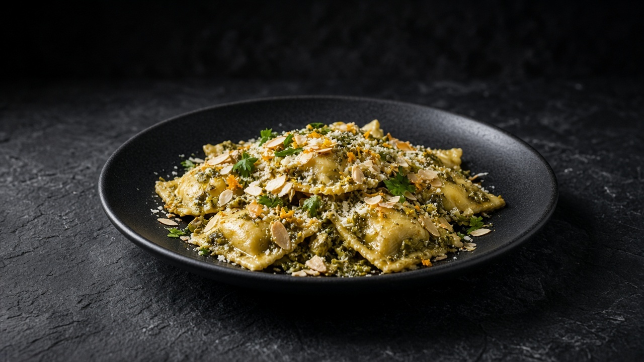 Cheese ravioli in a green olive pesto with toasted flaked almonds, parsley and orange zest.
