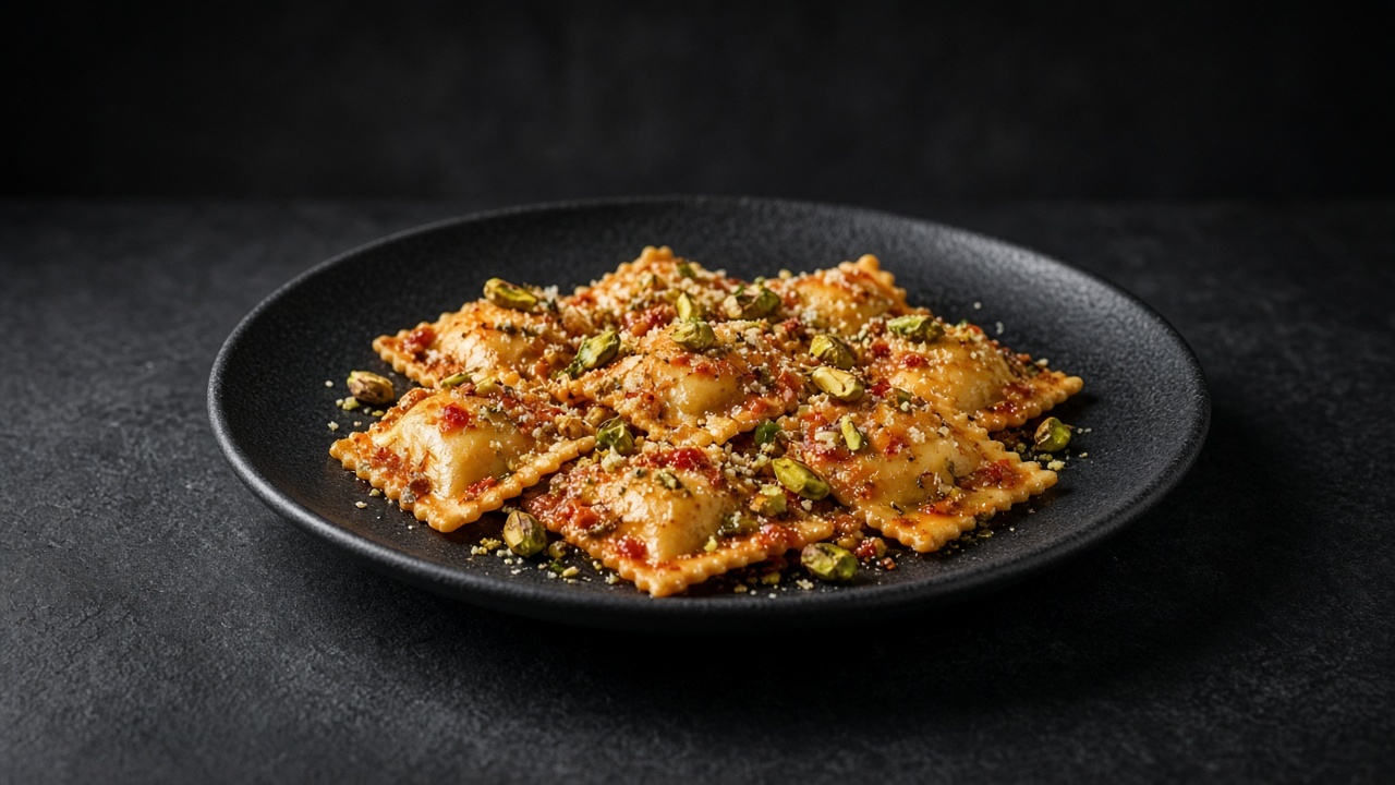 Cheese ravioli in a roasted red pepper pesto with toasted pistachios.