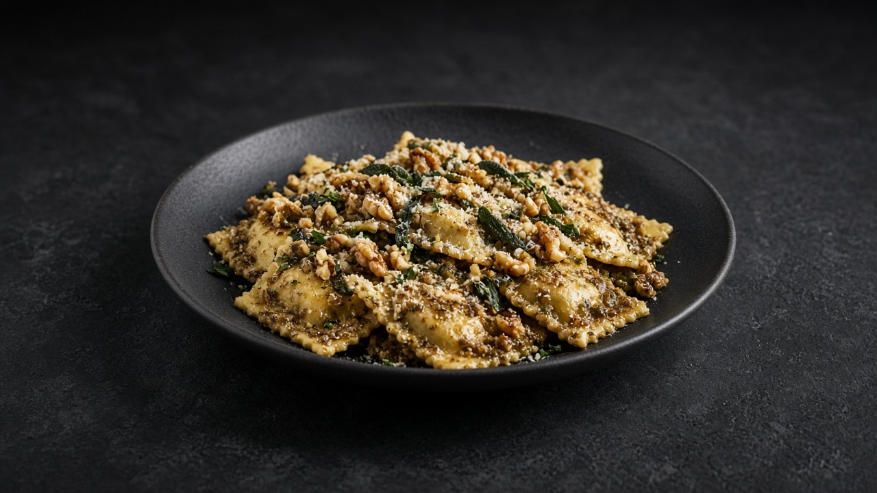 Cheese ravioli in a nutty brown butter pesto with sage and toasted walnuts.