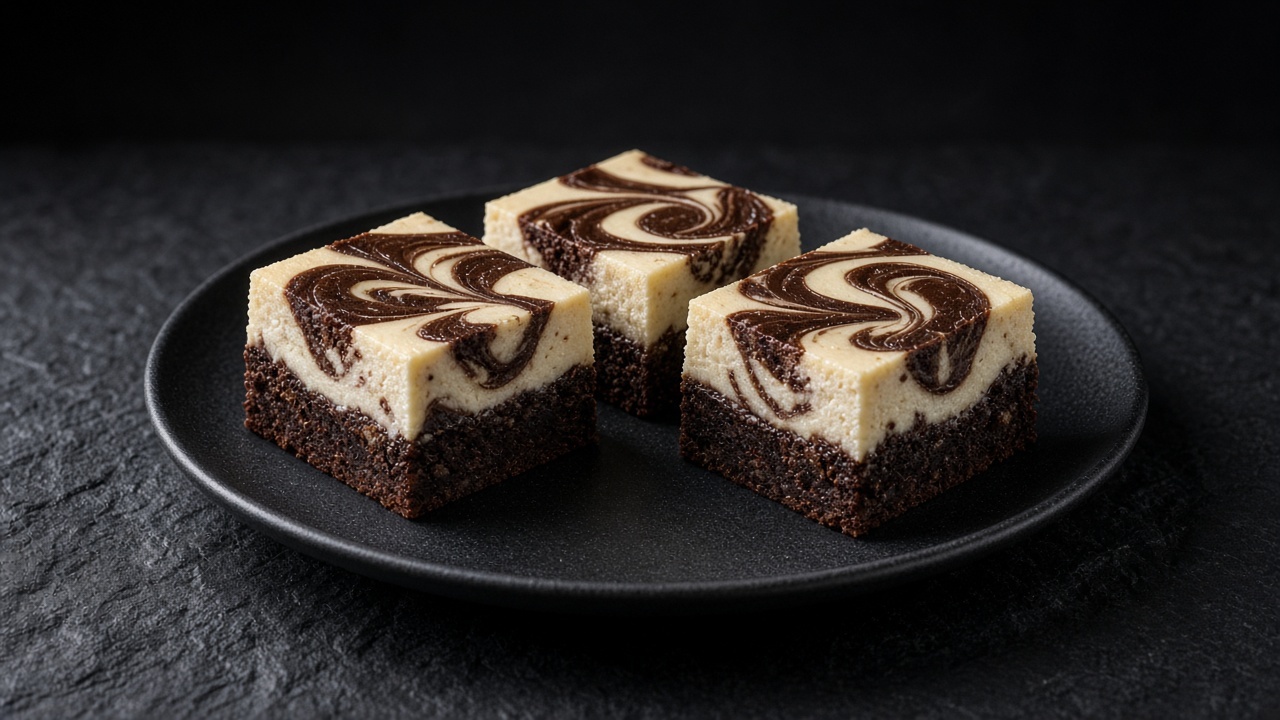 Brownie squares with a thick creamy cheesecake layer marbled with chocolate.