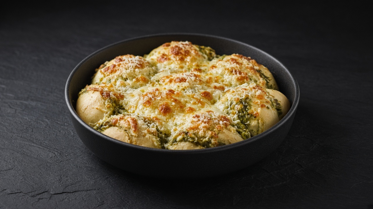 A round dish of pull-apart rolls streaked with green pesto under a layer of browned, bubbling mozzarella and Parmesan.