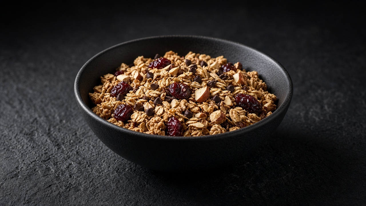 A bowl of granola with visible almond pieces, dark cherries and chocolate chips.