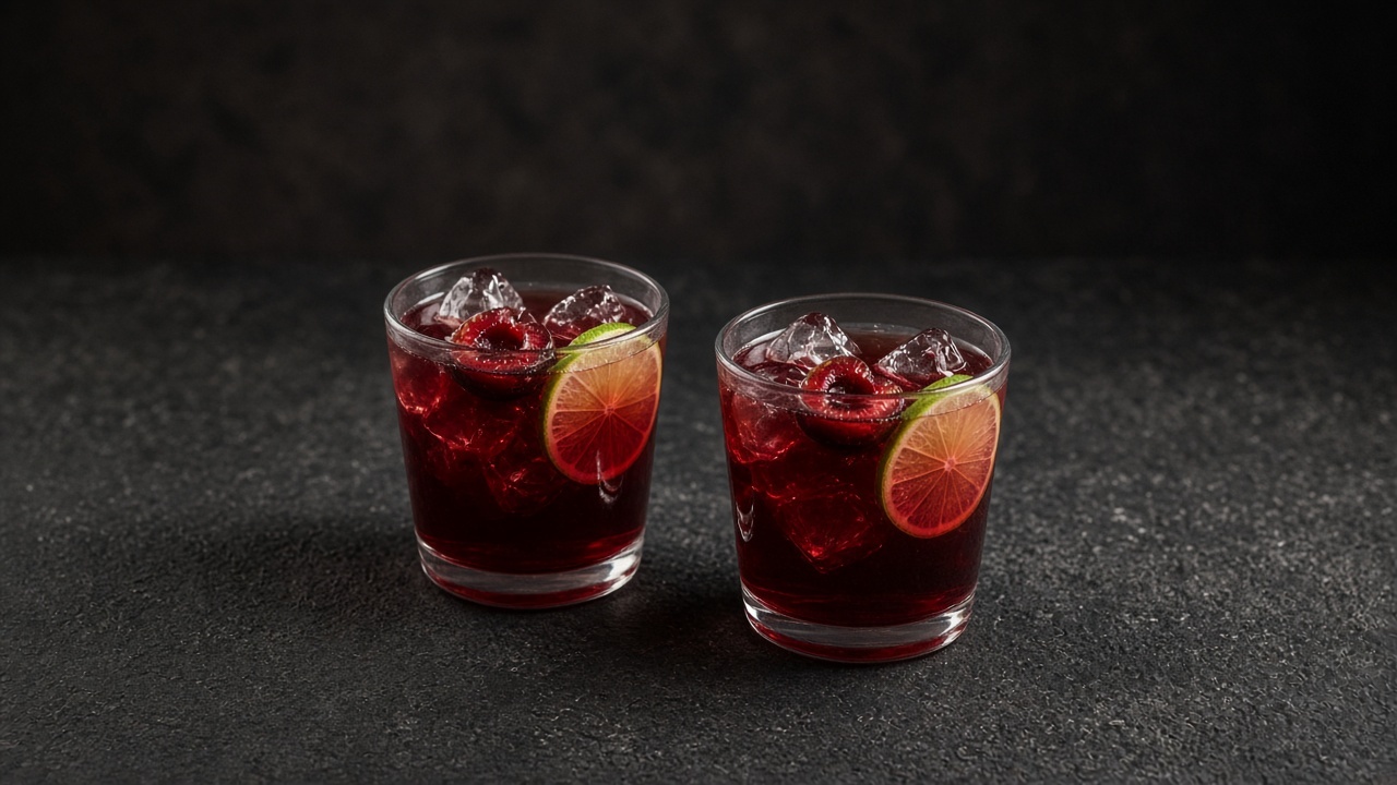 Glasses of dark red iced tea with ice, halved cherries and lime slices.