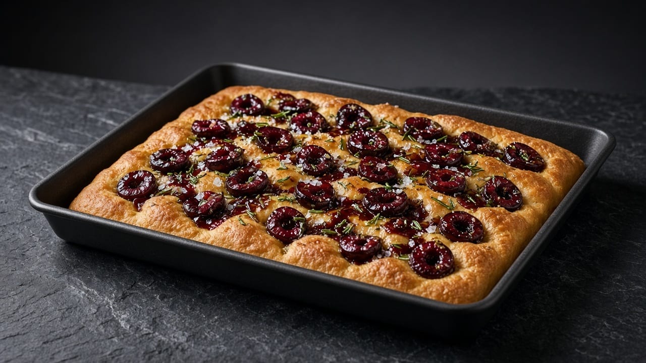 Golden tray focaccia topped with glossy halved cherries, rosemary and flaky salt.