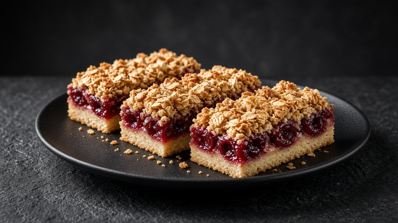 Shortbread bars with a deep red cherry filling under an almond oat streusel.