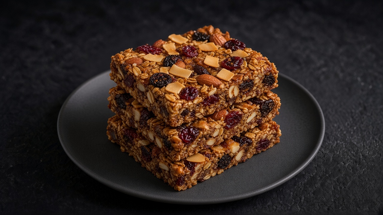 Stacked chewy granola bars studded with dried fruit, nuts and coconut on a matte dark slate.
