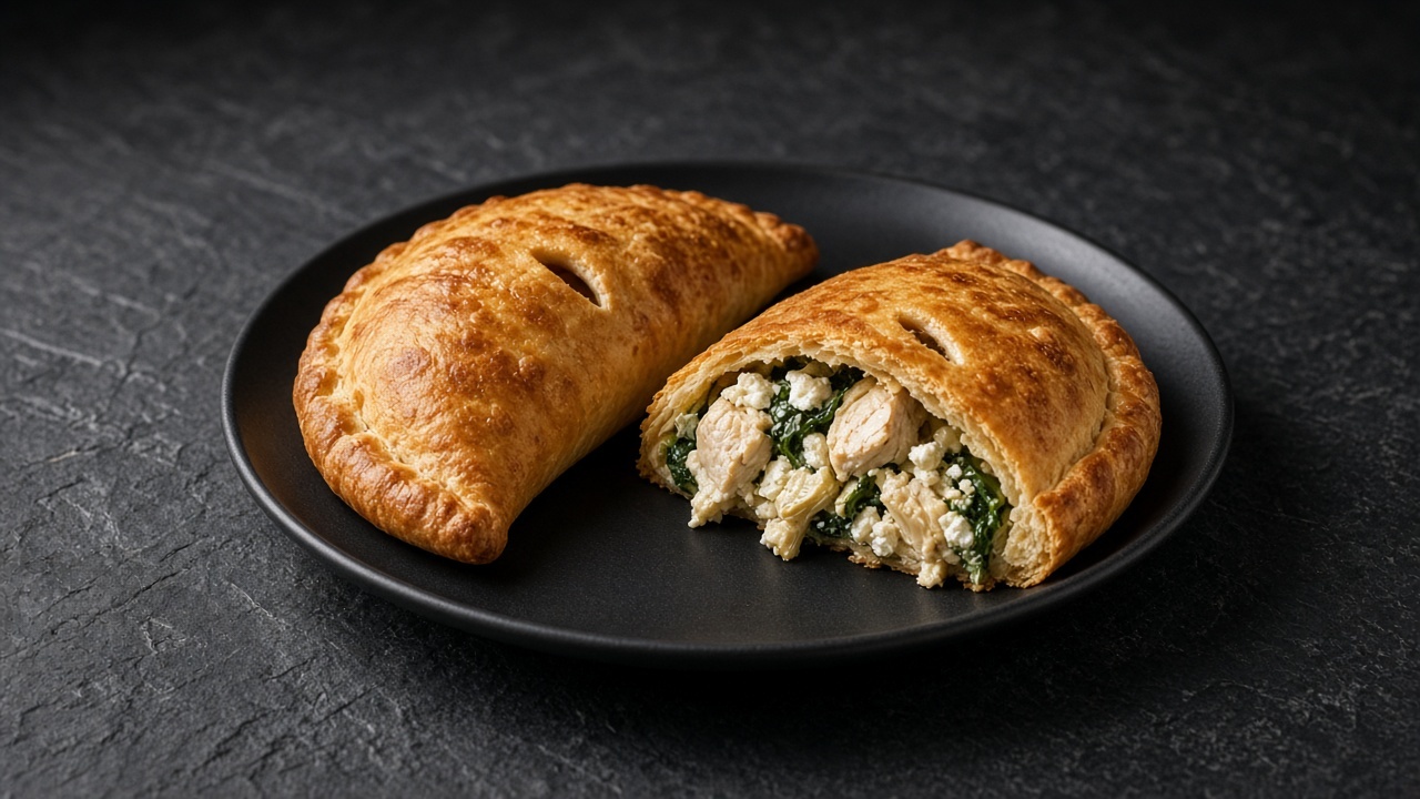 Two golden-brown half-moon calzones with small slits on top, one cut open to show chicken, spinach and feta filling.
