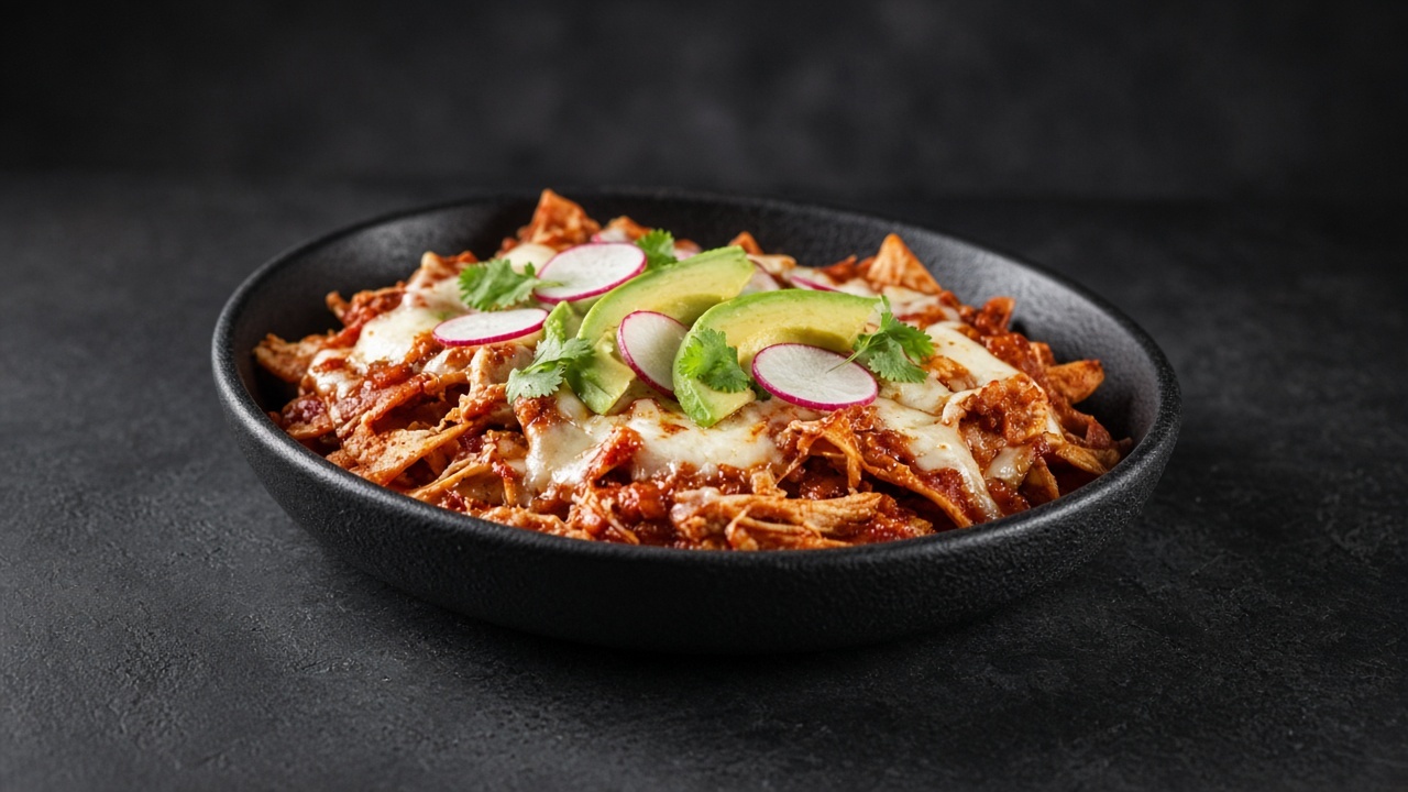 A dish of tortilla chips and shredded chicken in reddish guajillo sauce, topped with melted cheese, avocado, radish slices and coriander.