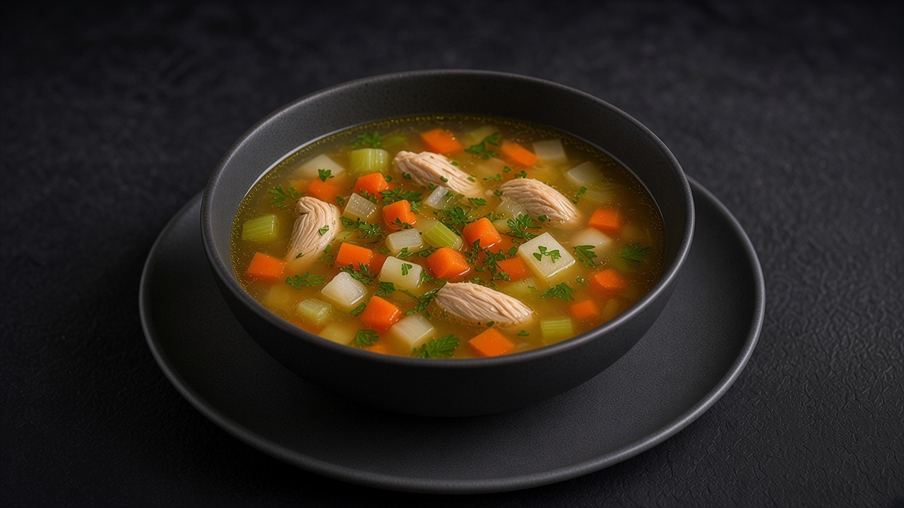 Chicken soup with diced root vegetables, celery and parsley in a deep matte dark plate.