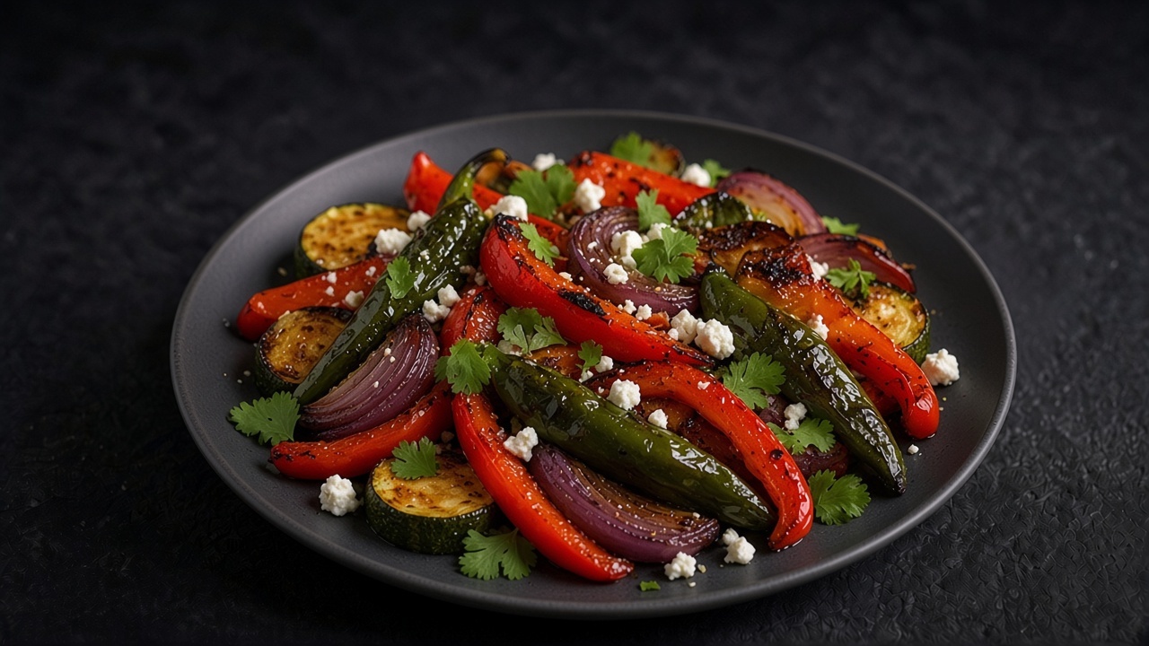 Charred strips of red bell pepper, poblano, onion and zucchini scattered with cilantro and crumbled cheese on a matte dark plate.
