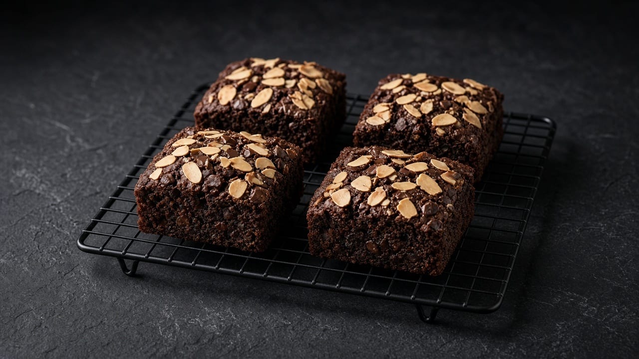 Four chocolate banana oatmeal squares on a cooling rack, showing a moist dark crumb topped with toasted flaked almonds.