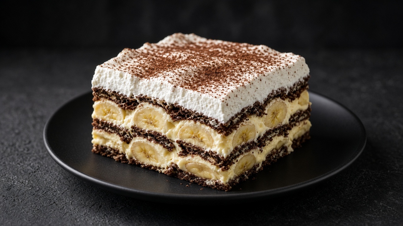 A square of icebox cake showing layers of custard, chocolate wafers and banana slices under whipped cream dusted with cocoa.