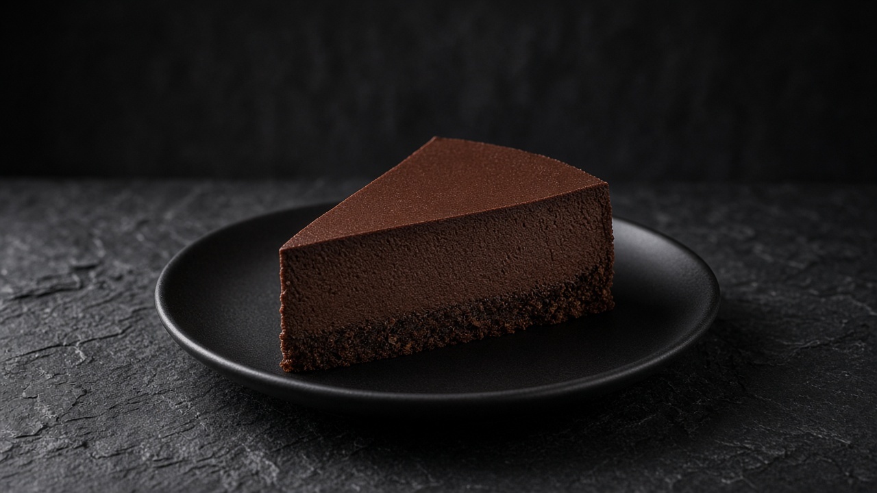 A slice of dense dark chocolate cheesecake on a crisp biscuit base.