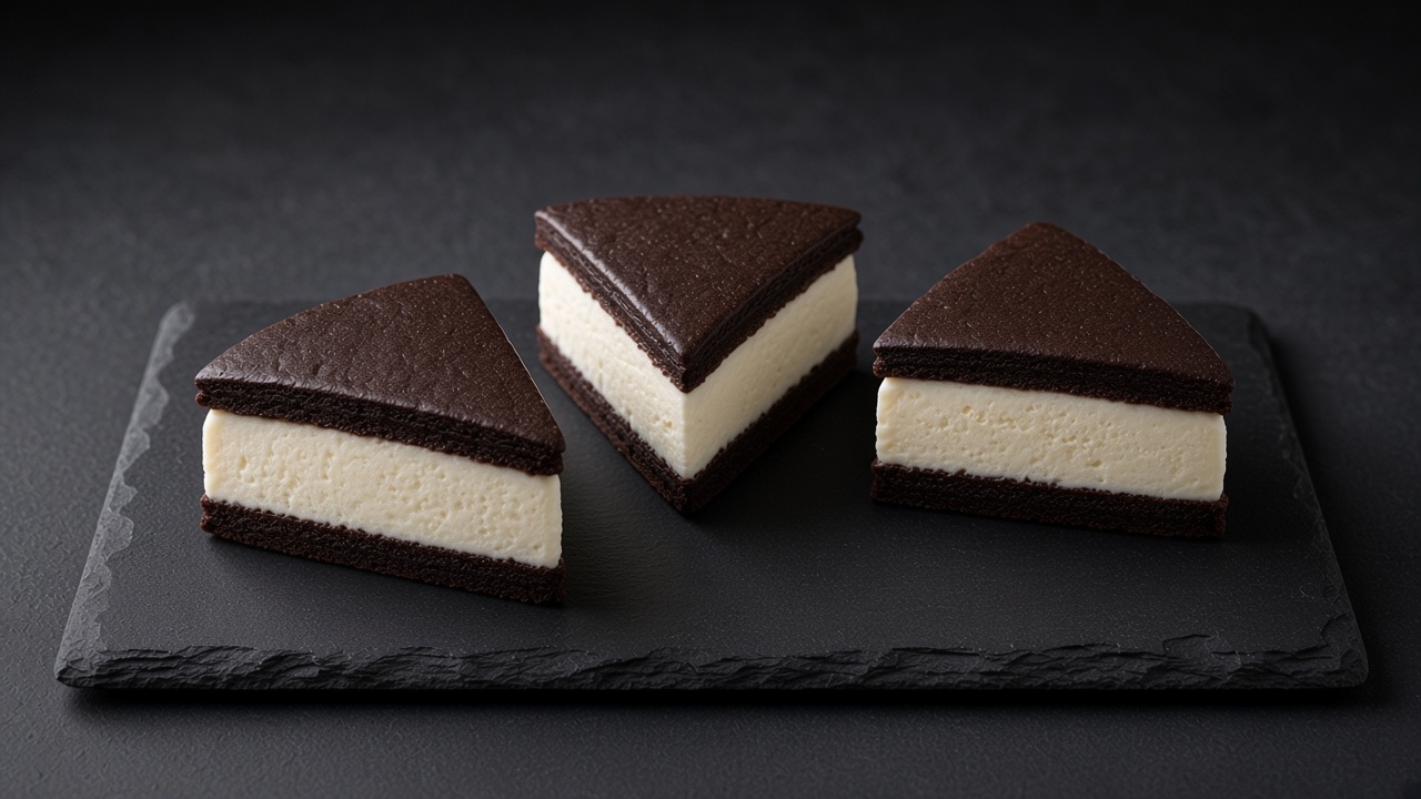 Three triangular chocolate cookie ice cream sandwiches with a thick vanilla ice cream layer on a matte black slate.