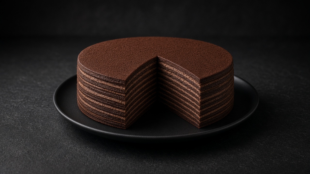 A tall chocolate crêpe cake with one wedge cut to show thin dark crêpe layers and chocolate-hazelnut cream on a matte black plate.