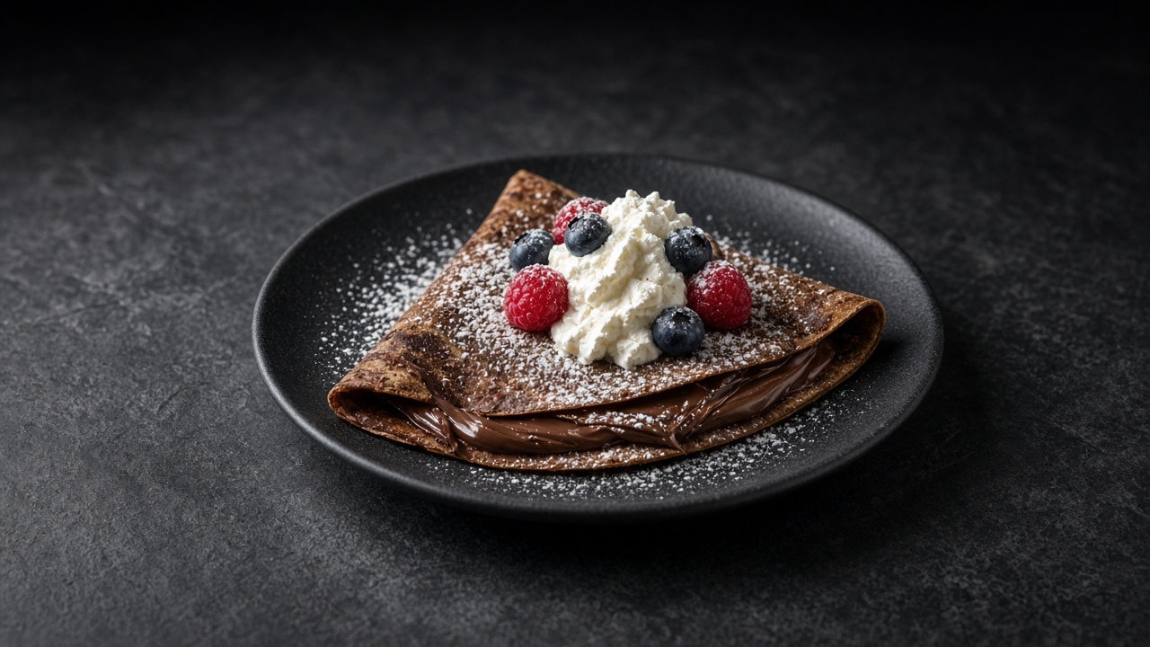 A folded cocoa crêpe filled with chocolate-hazelnut spread, topped with whipped cream and berries and dusted with icing sugar.