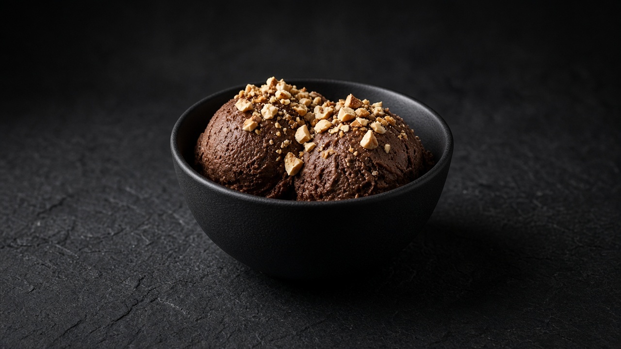 Two scoops of dark brown chocolate hazelnut gelato topped with chopped hazelnuts in a black bowl.