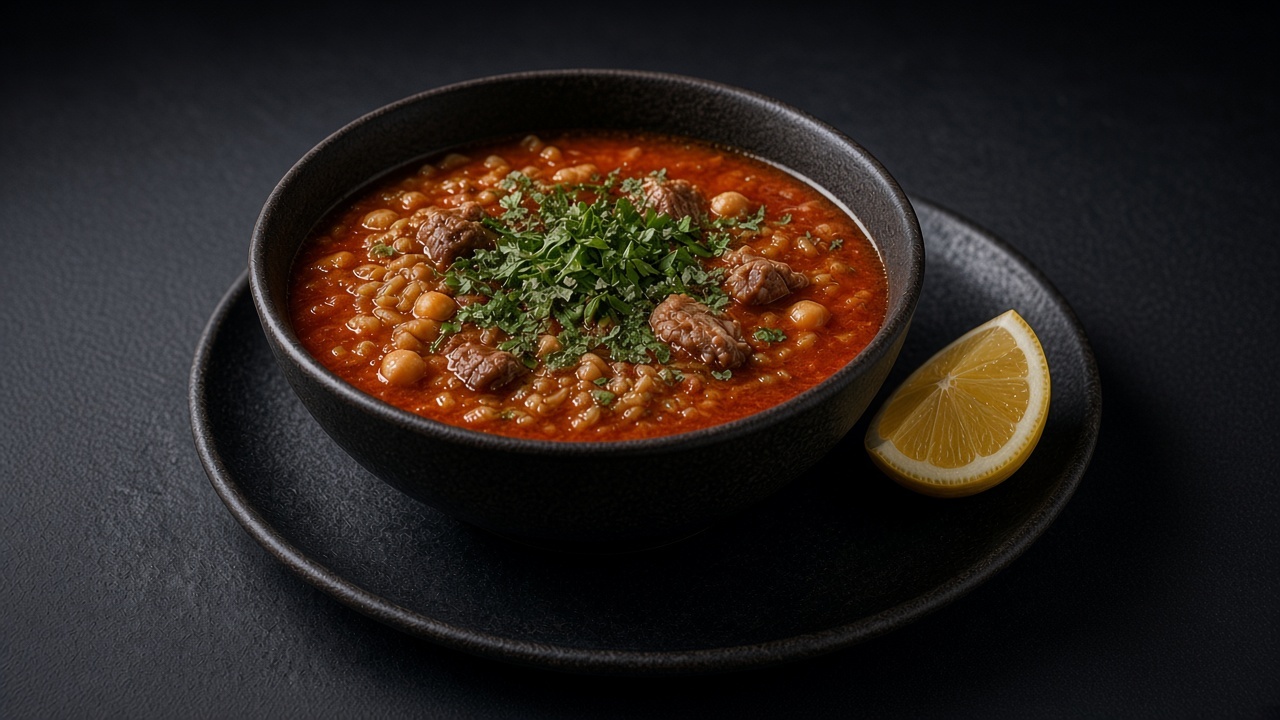 Chorba frik: tomato, lamb, chickpea and freekeh soup topped with coriander, with a lemon wedge.
