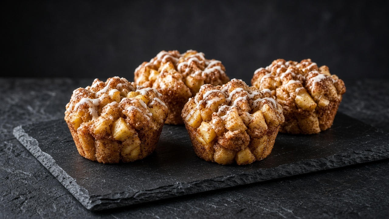 Four muffin-shaped pull-apart rolls of cinnamon-sugar dough and diced apple, drizzled with white icing.
