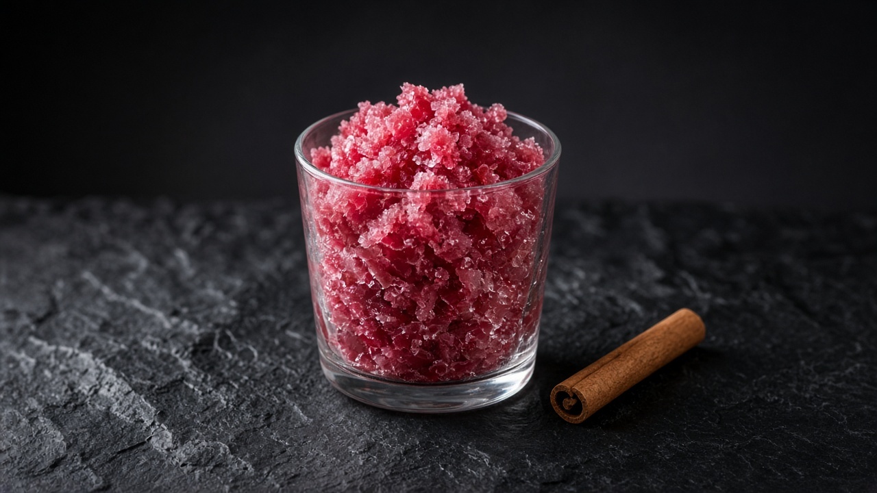 Rosy plum granita in a small glass beside a cinnamon stick.