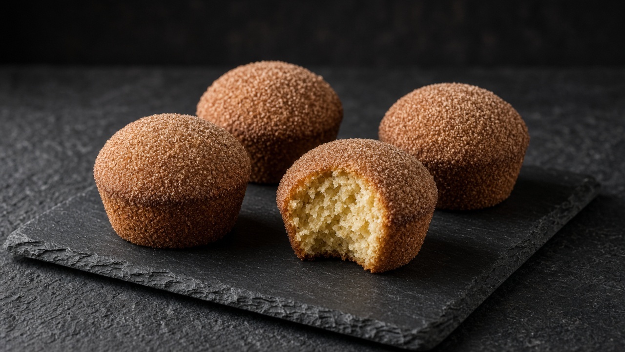 Round muffins coated all over in cinnamon sugar, one bitten to show the soft yellow crumb.