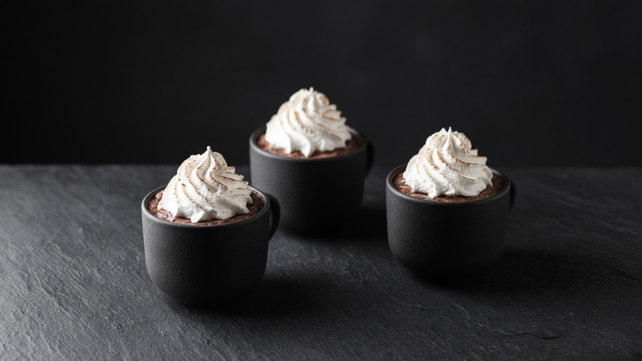 Three small mugs of dark coconut hot chocolate topped with swirls of white meringue.