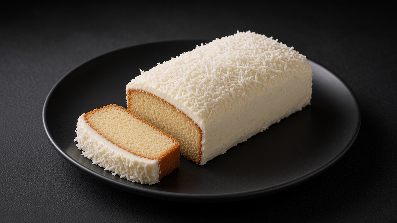 A frosted coconut loaf cake coated in shredded coconut, sliced on a matte dark plate.