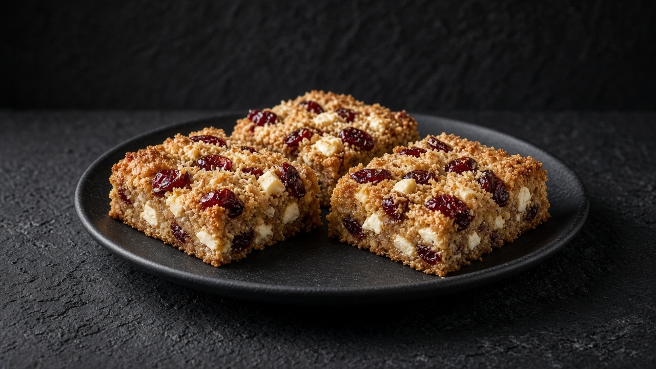 Golden brown sugar bars with white chocolate, red cranberries and toasted coconut on top.