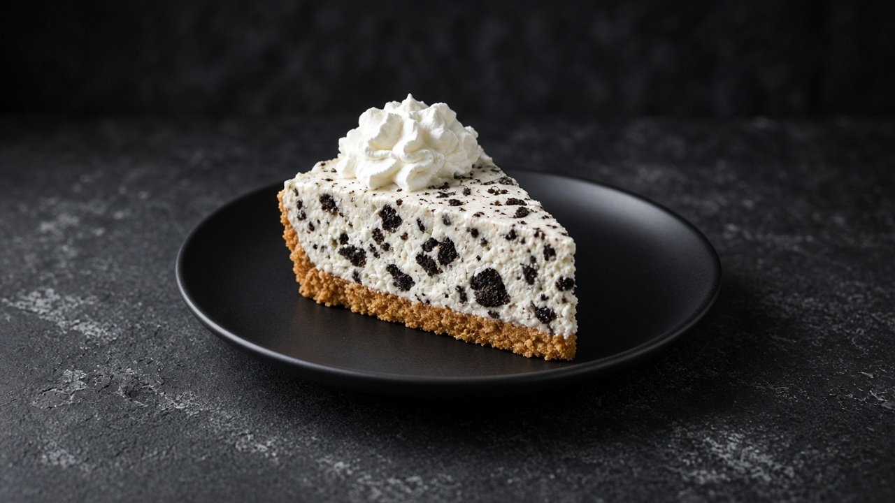 A wedge of cookies and cream ice cream pie in a crisp cone crust topped with whipped cream.