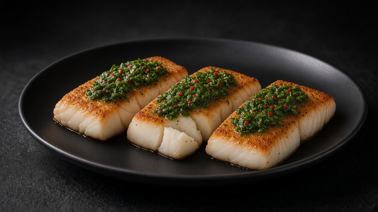 Thick pan-roasted cod fillets with a browned top, spooned with green parsley and coriander chimichurri, on a matte black plate.
