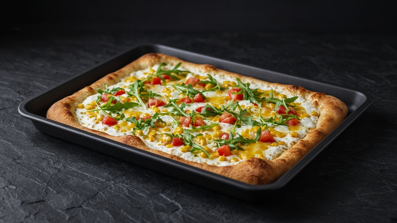 A rectangular pizza with a golden crust, creamy sauce, melted yellow cheese, sweetcorn kernels, tomato pieces, and fresh green rocket leaves on top.