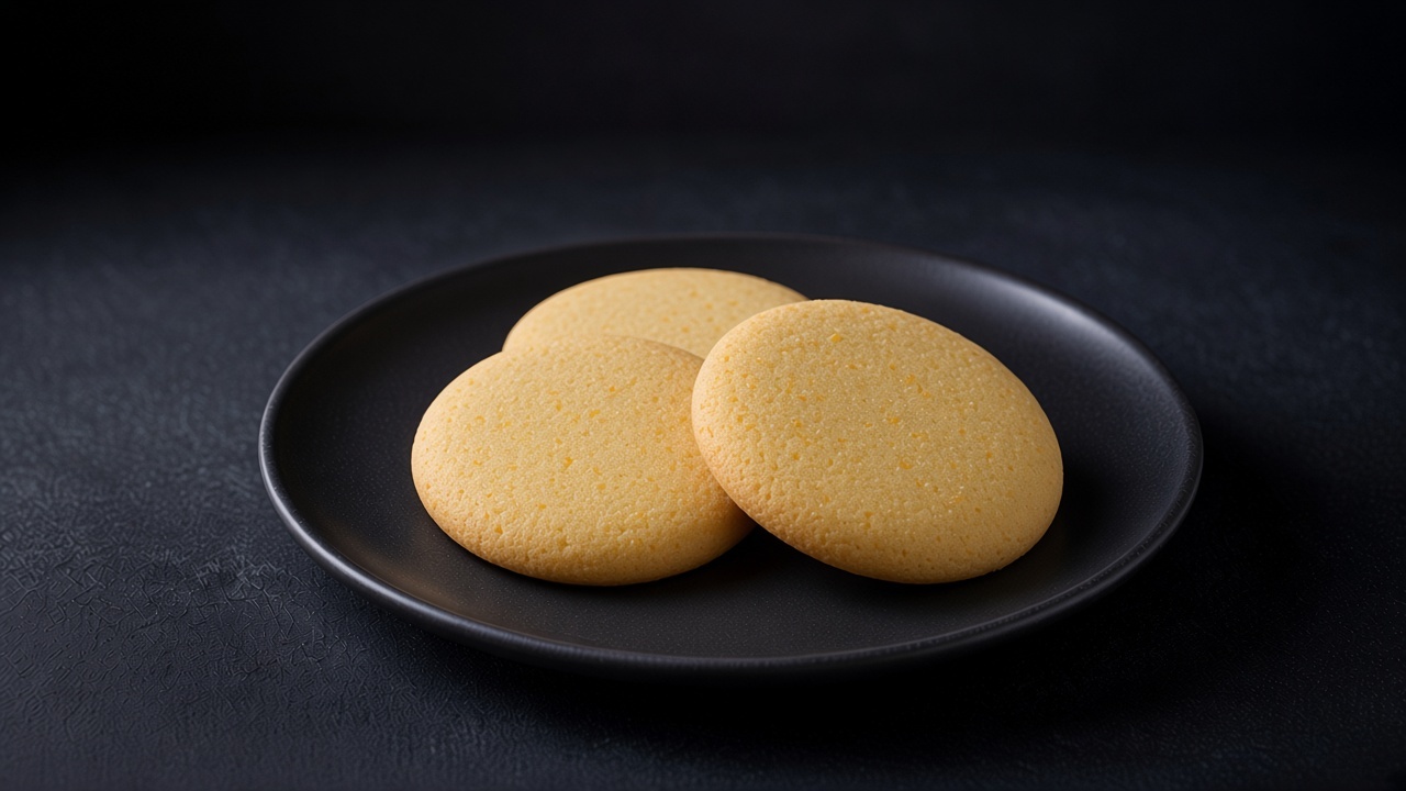 Three golden cornmeal orange cookies with a sandy, lightly speckled crumb on a matte black plate.