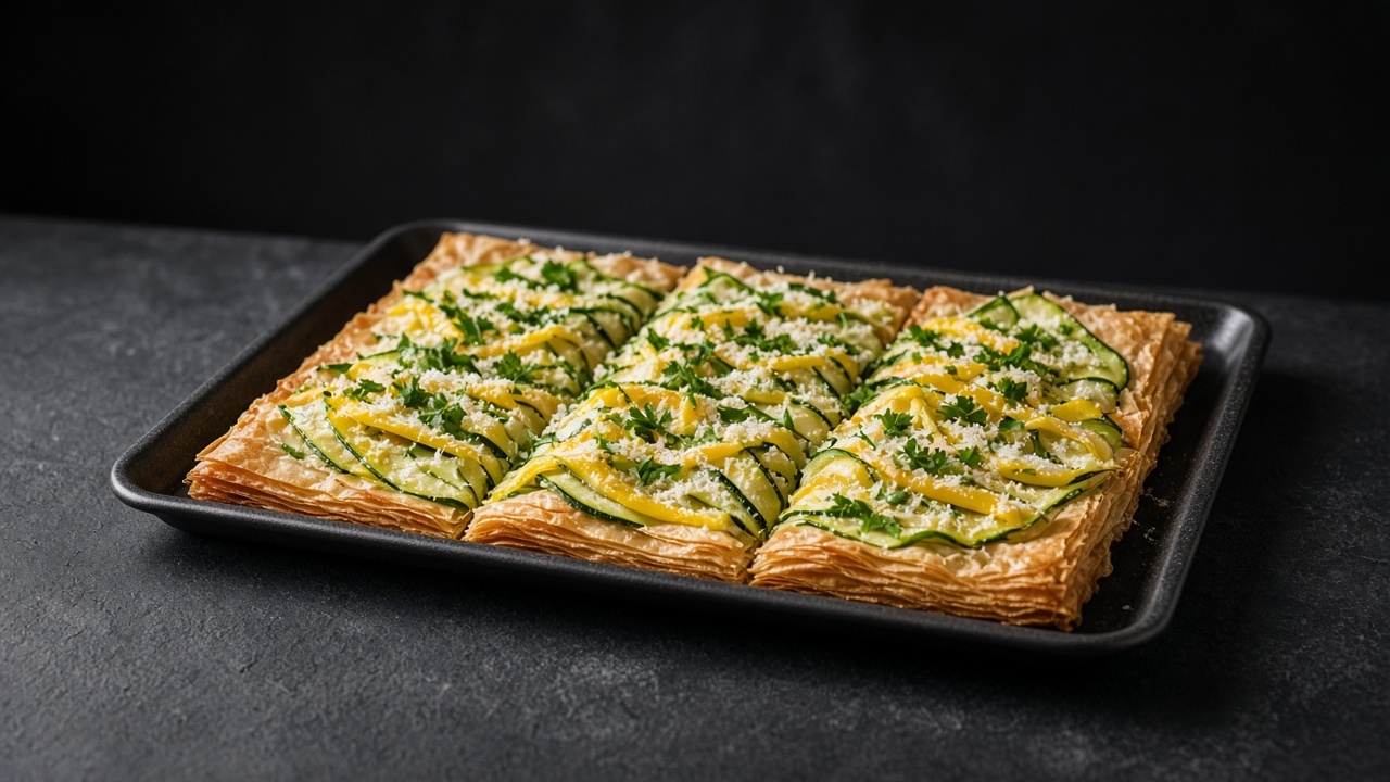 Squares of crispy golden filo layered with herbs and cheese, topped with alternating strips of pale green and bright yellow courgette.