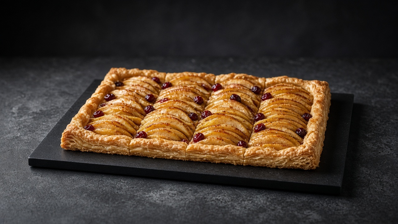 A rectangular puff pastry slab tart with rows of glazed apple slices dotted with red cranberries.