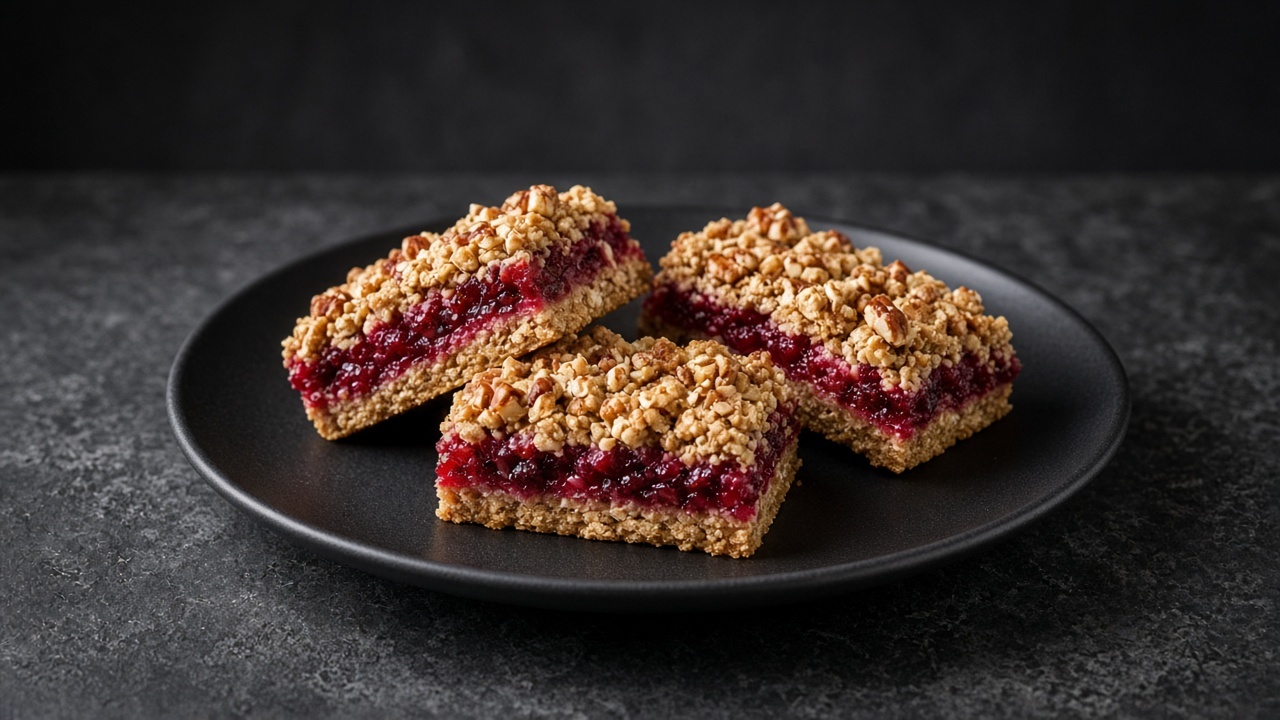 Golden oat bars with a ruby cranberry layer and pecan crumble on top.