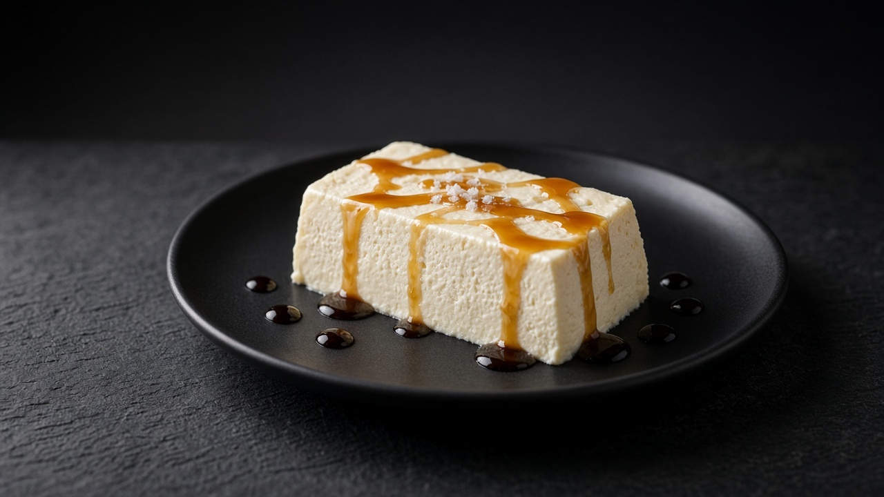 A slice of ivory cream cheese semifreddo with maple syrup, dark balsamic drops and flaky salt.