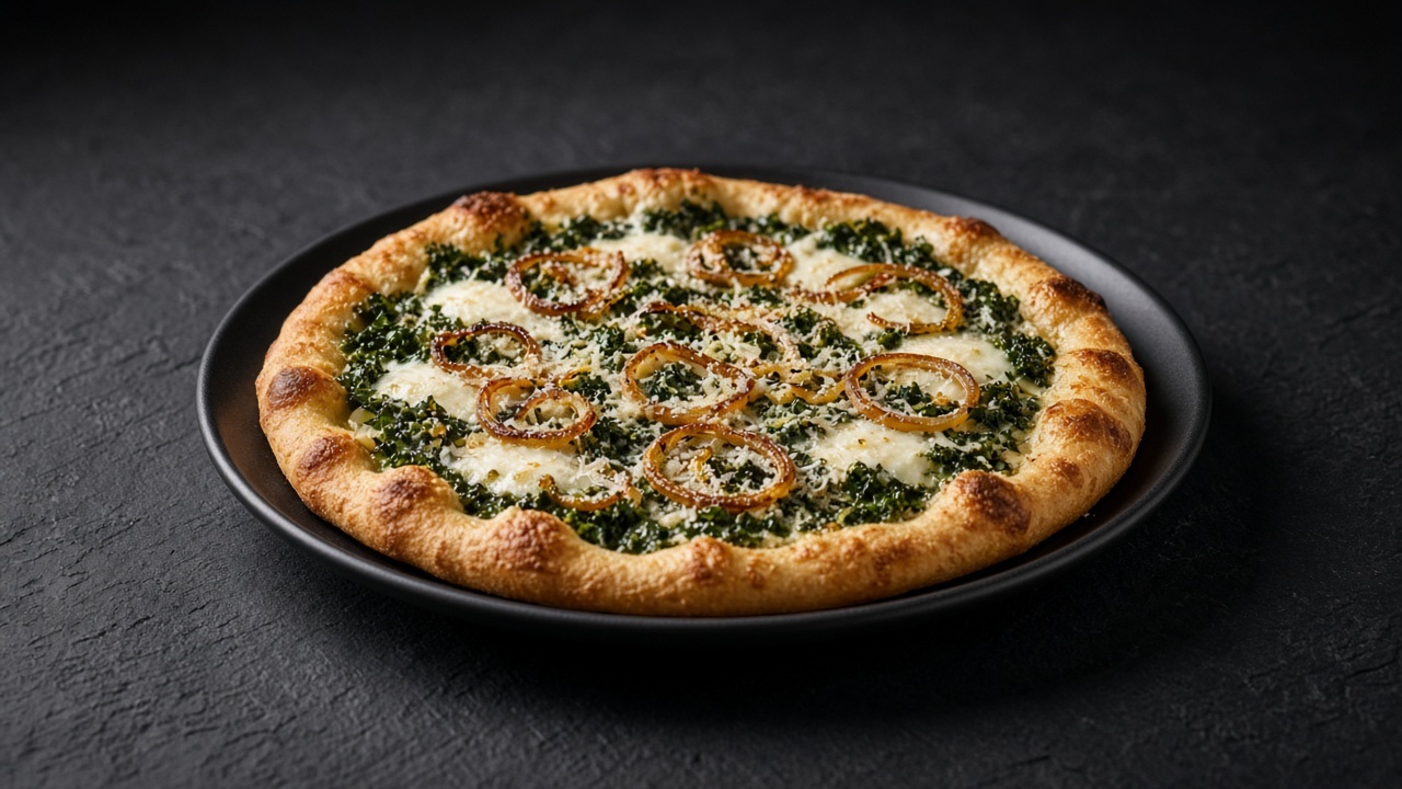 Golden-based pizza topped with creamed kale, melted mozzarella and thin rings of caramelised shallot.