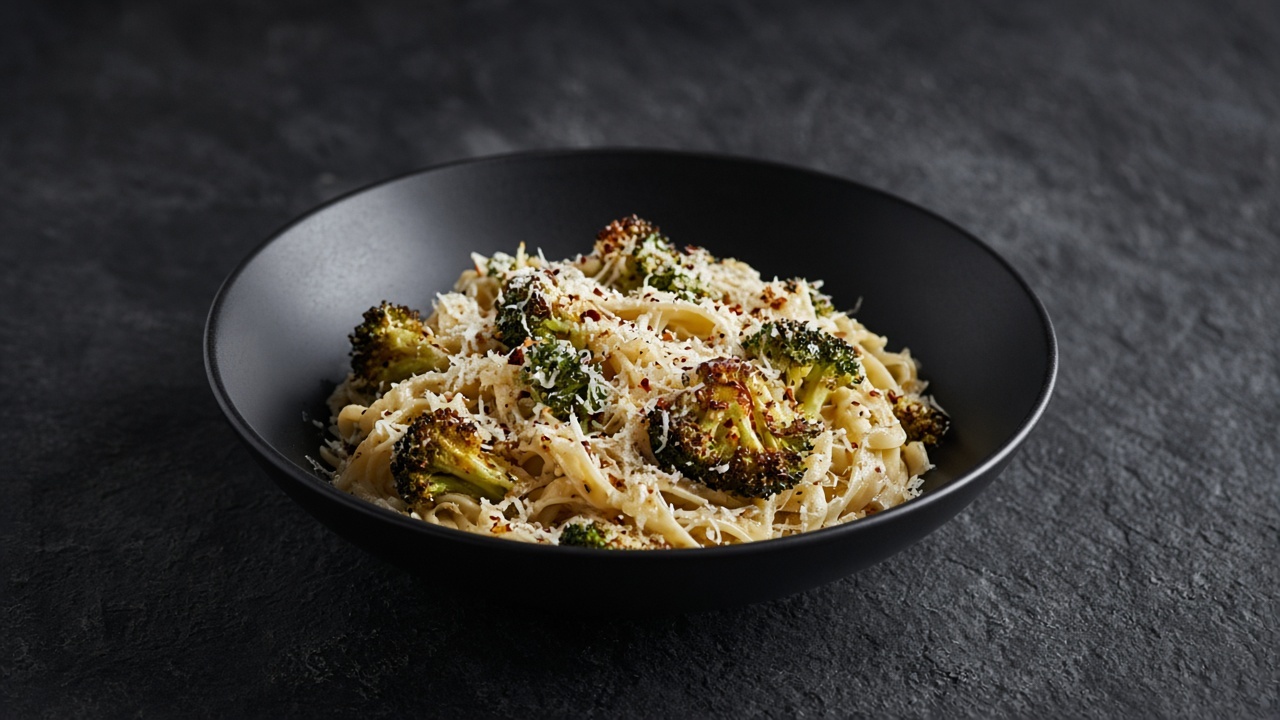 Creamy fettuccine with browned broccoli florets and grated Parmesan.