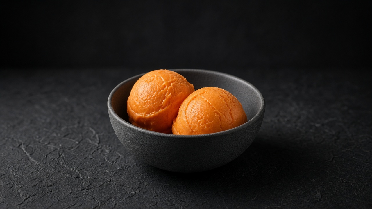 Two scoops of smooth deep-orange persimmon sorbet in a dark grey ceramic bowl.