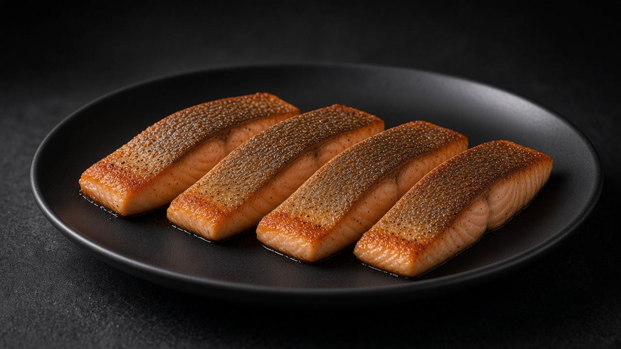 Four crispy-skinned salmon fillets on a matte black plate.