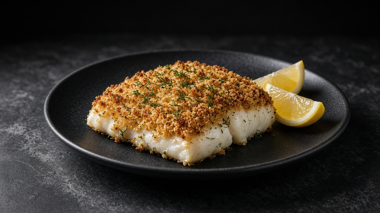 A thick cod fillet with a golden cracker crumb and dill crust and lemon wedges on a matte dark plate.
