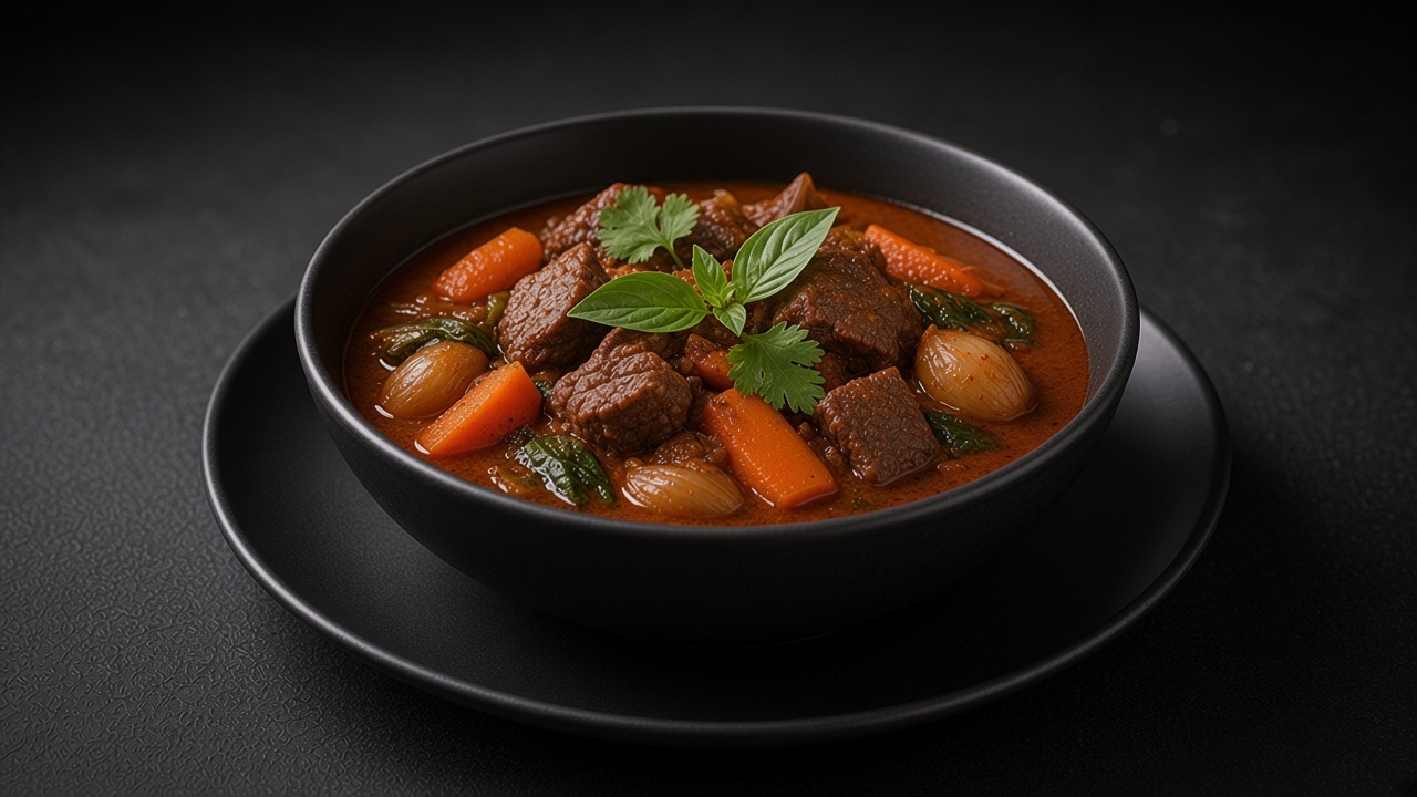 A bowl of red-brown curried beef stew with beef chunks, carrots and shallots, topped with coriander and basil.