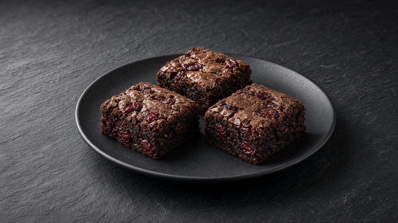Dark chocolate brownie bars studded with chewy red dried cherries.