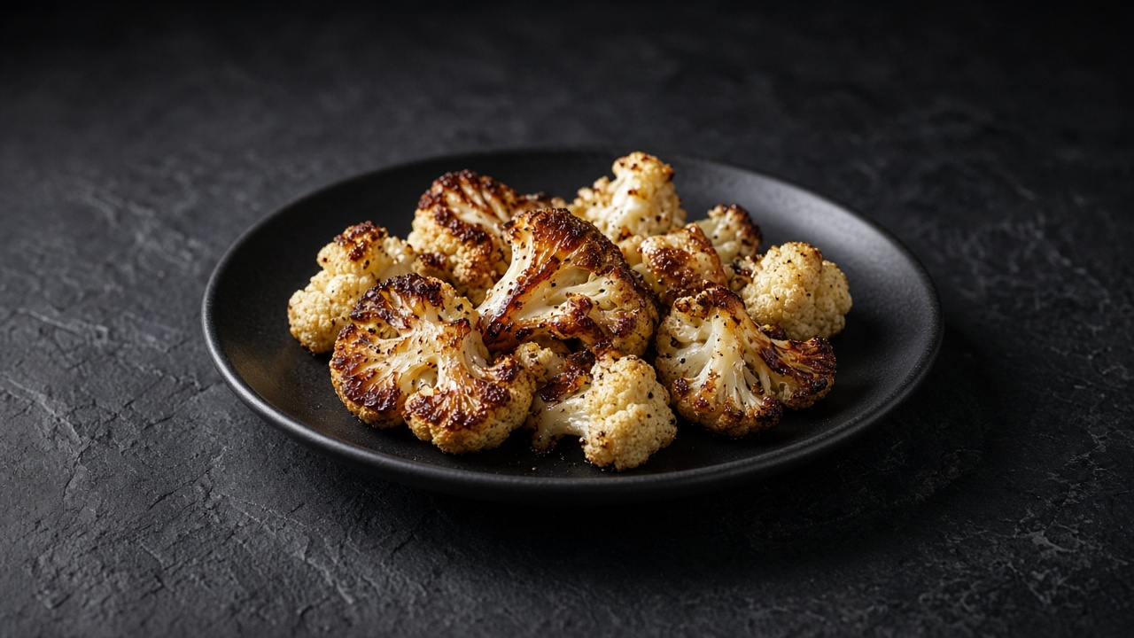 Roasted cauliflower florets with deeply browned, crisp undersides and edges, on a matte black plate.
