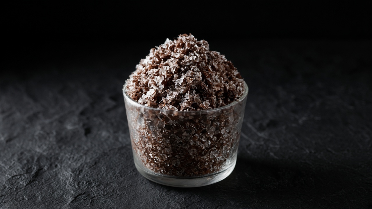 Dark brown chocolate granita flakes piled high in a small chilled glass.